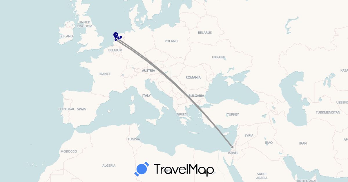 TravelMap itinerary: driving, plane, train in Israel, Netherlands (Asia, Europe)